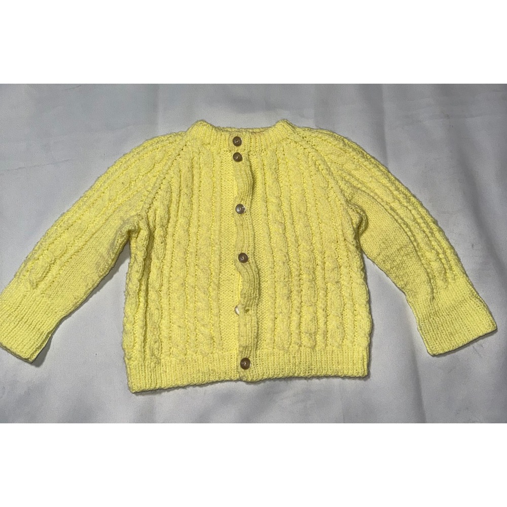 Vtg Handmade Baby Yellow Knit Cardigan Sweater Cable Knit Button Front Raglan